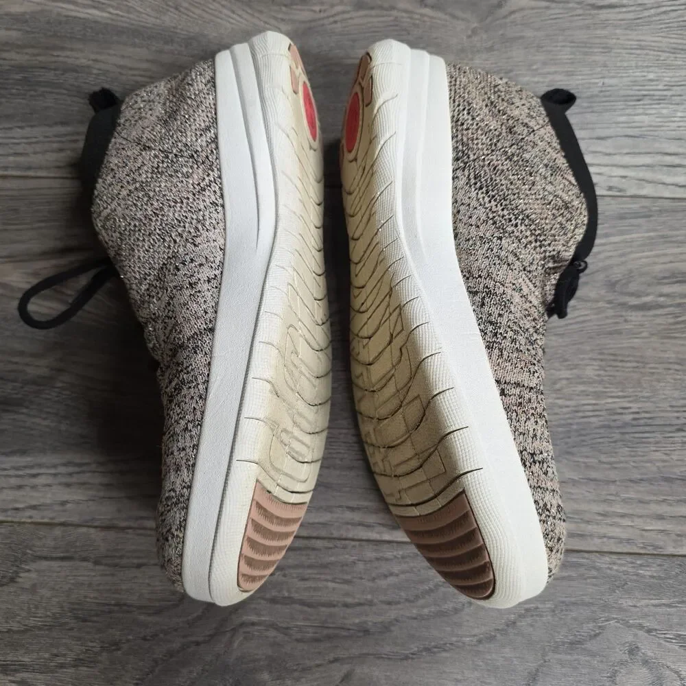 FitFlop Sneaker Mid Tops Stretchy Material Beige/black With Gold Shimmer Sz 8.5